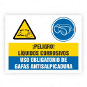 Señales Combinadas - ¡Peligro Líquidos Corrosivos! Uso Obligatorio de Gafas Antisalpicadura| Cod. CB-97, Carteleras de Seguridad