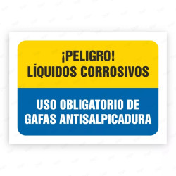 Señales Combinadas - ¡Peligro Líquidos Corrosivos! Uso Obligatorio de Gafas Antisalpicadura| Cod. CB-99, Carteleras de Seguridad